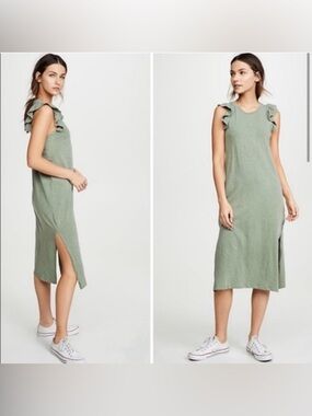 Anthropologie Sundry Sage Green Ruffle-Shoulder Midi Dress Size L $138 NWT